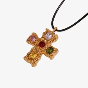 Gold-Plated Gemstone Cross Pendant Necklace – Trendy Fashion Accessory