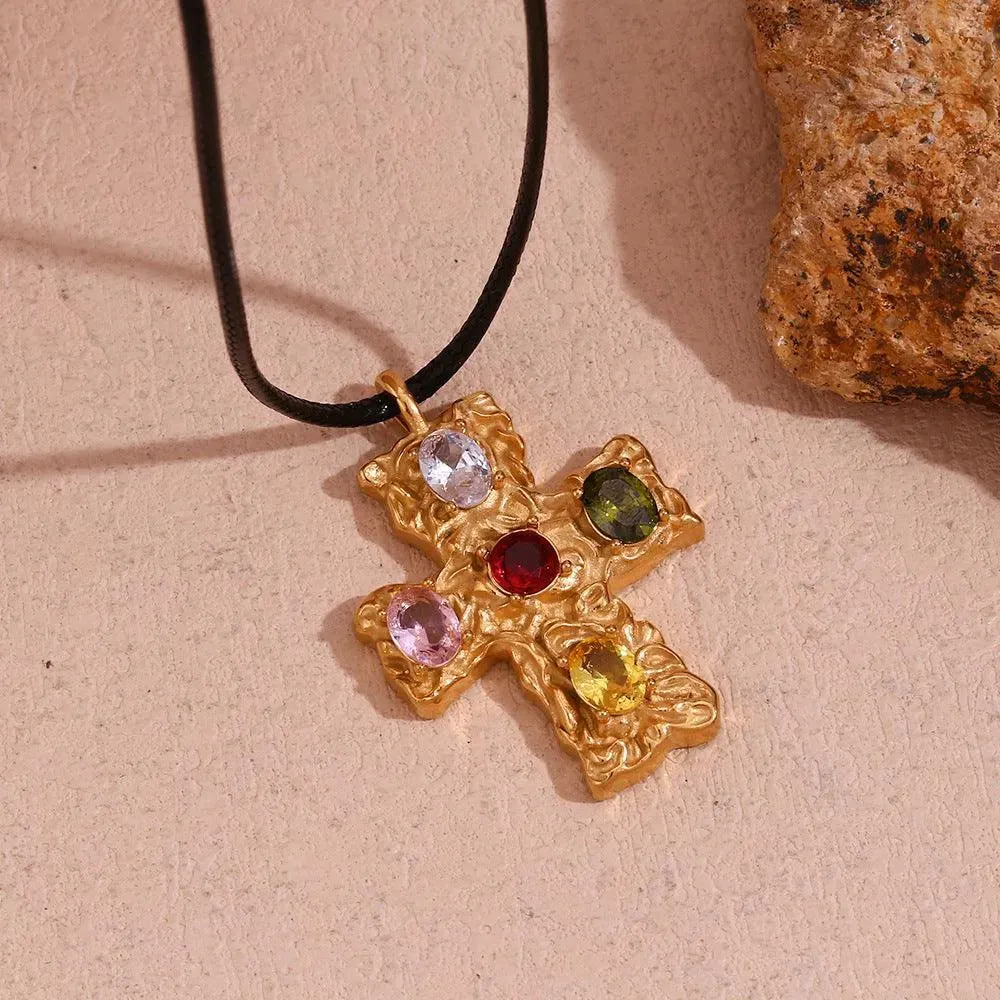 Gold-Plated Gemstone Cross Pendant Necklace – Trendy Fashion Accessory