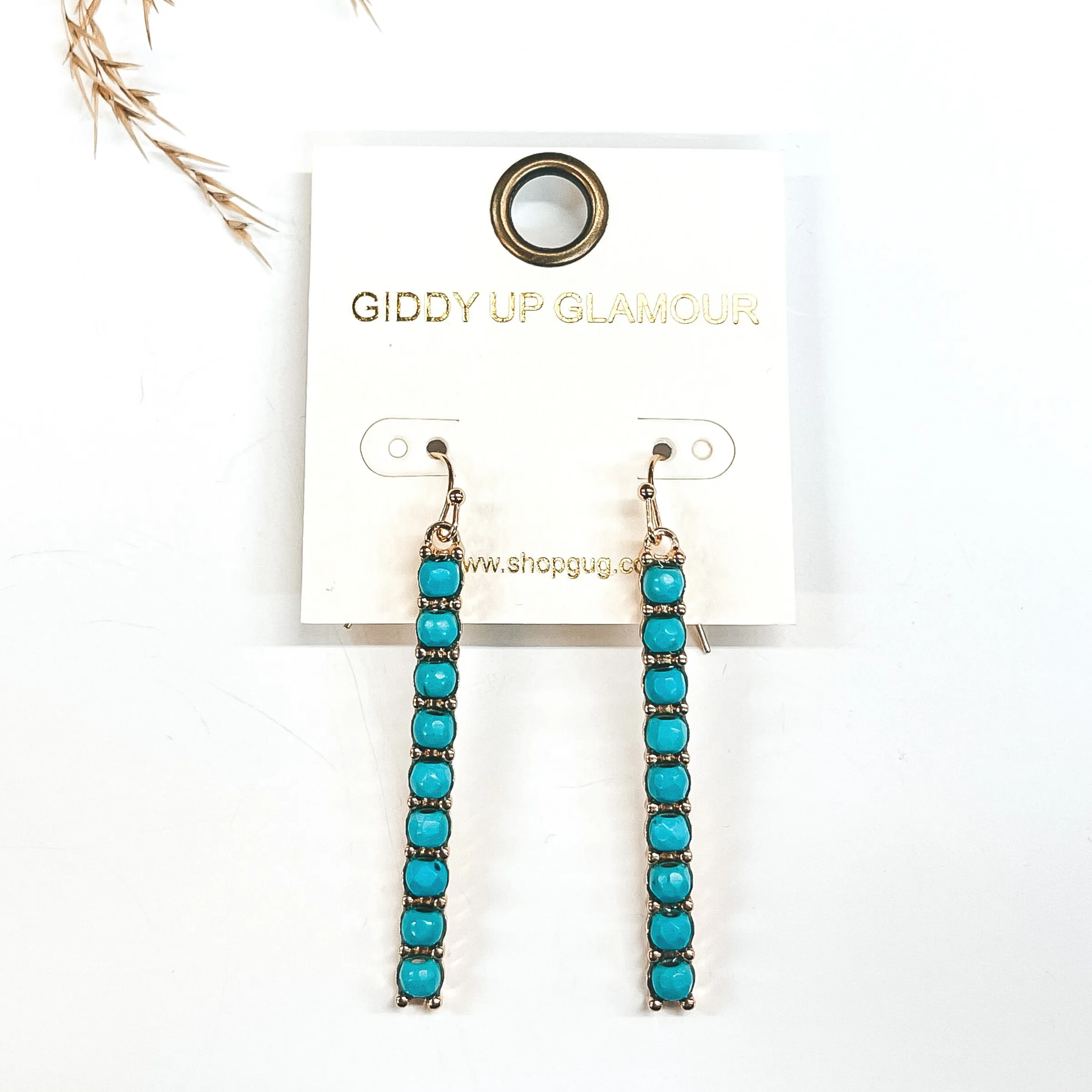 Gold Rectangle Bar Drop Earrings with Turquoise Beads