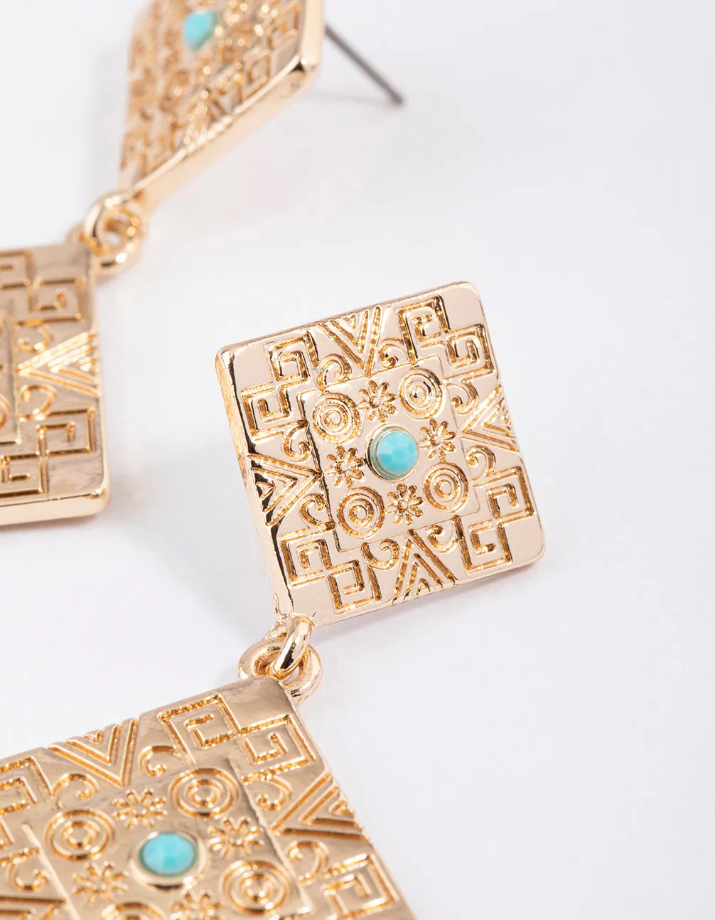 Gold Turquoise Square Drop Earrings