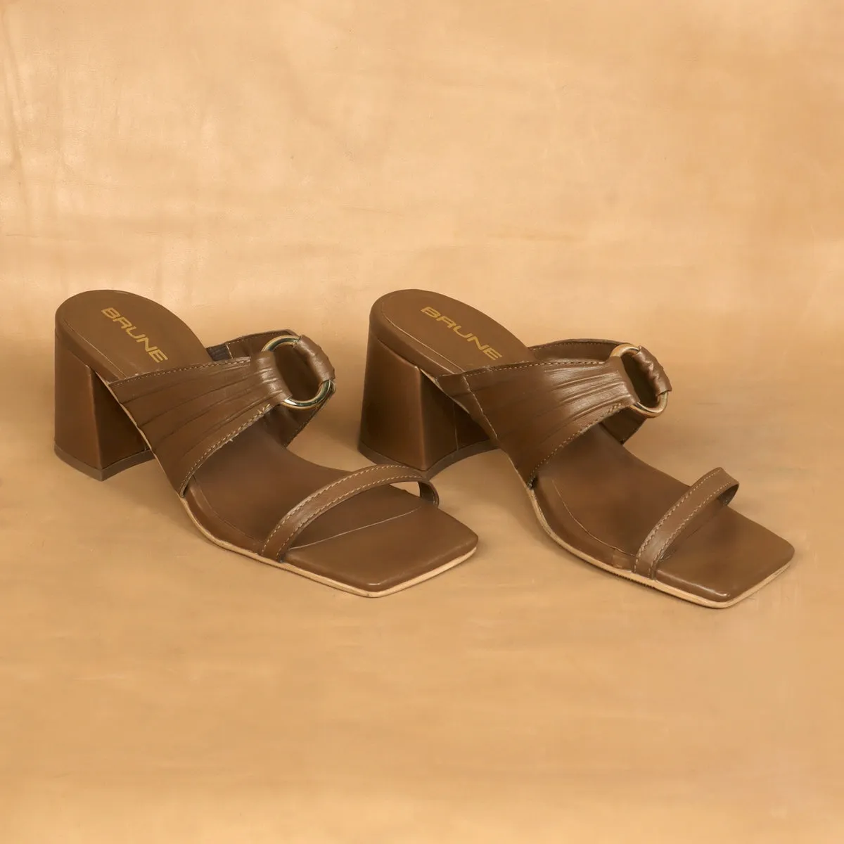 Golden Ring Buckled Open Toe Strap Brown Blocked Heel Ladies Sandals By Brune & Bareskin