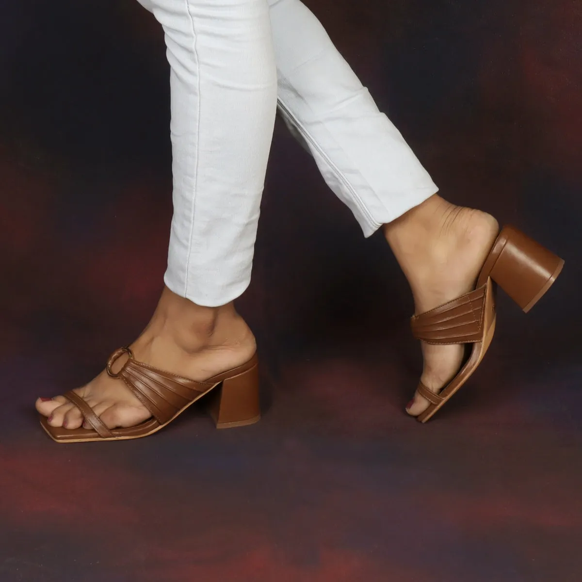 Golden Ring Buckled Open Toe Strap Brown Blocked Heel Ladies Sandals By Brune & Bareskin