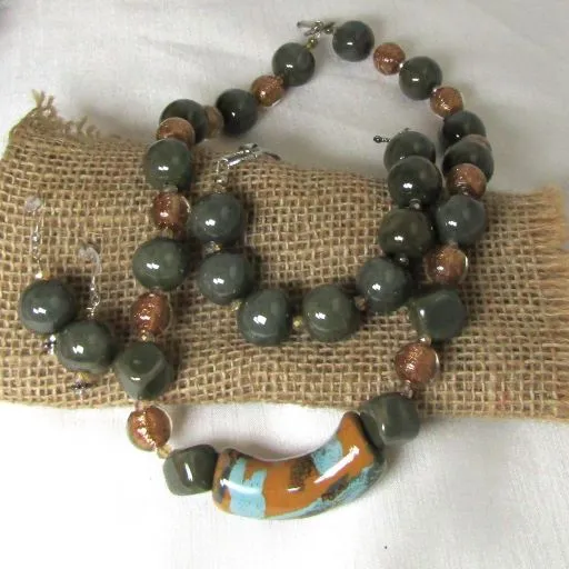 Green Gemstone & Artisan Bead Jewelry Set