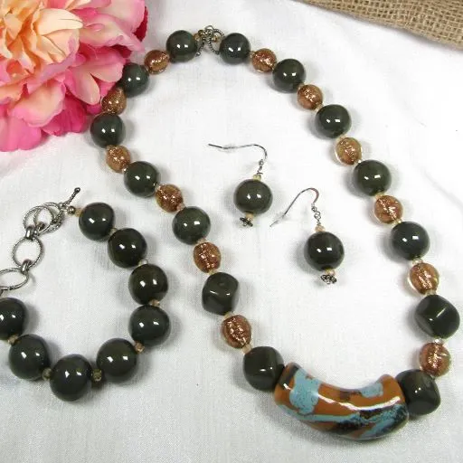 Green Gemstone & Artisan Bead Jewelry Set