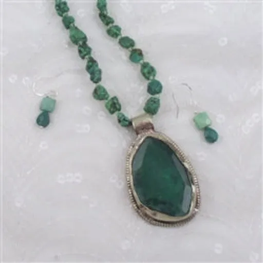 Green Turquoise Nugget &  Agate Pendant Necklace & Earrings