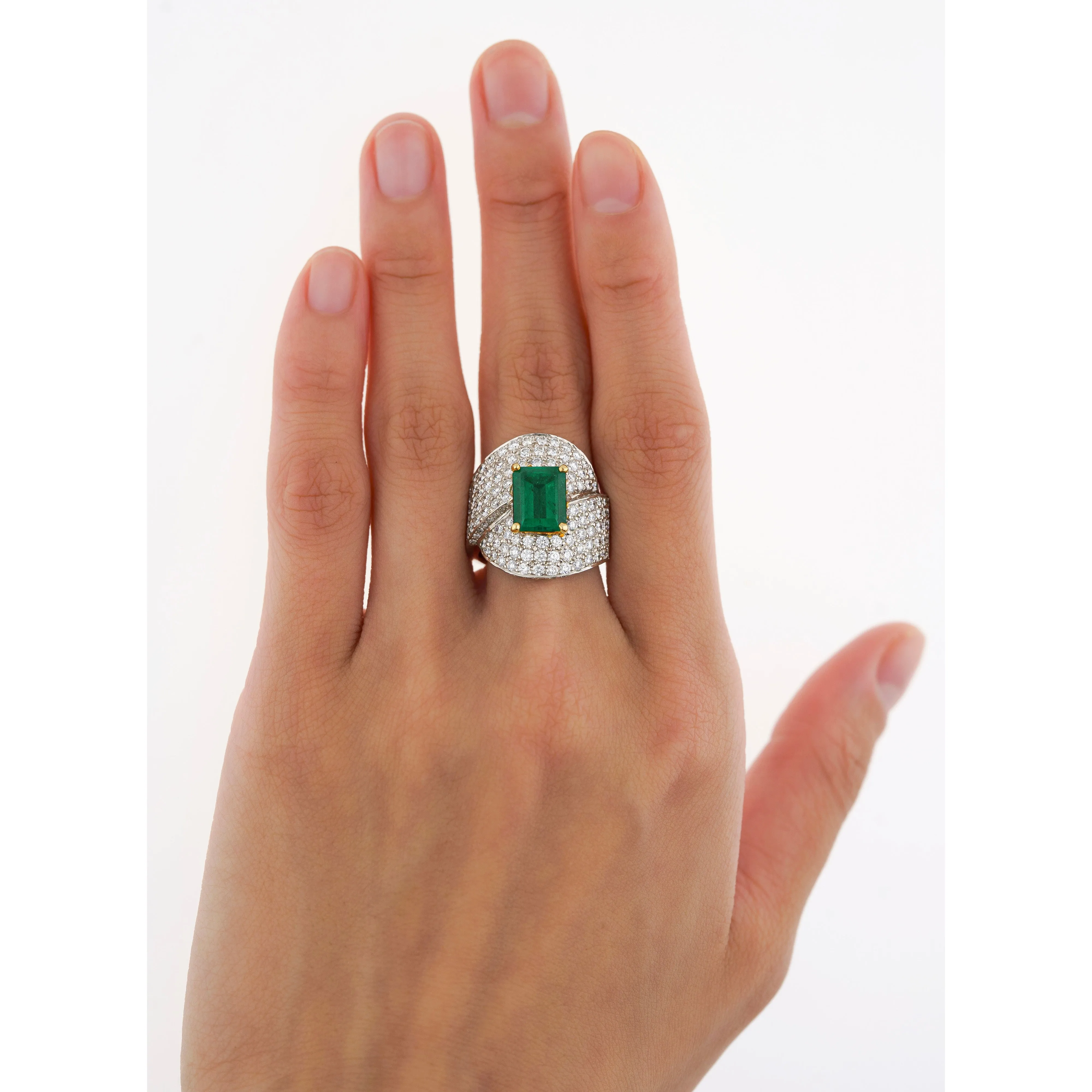 GRS Certified 2.53 Carat Vivid Green Colombian Minor Oil Emerald & Diamond Bypass Ring