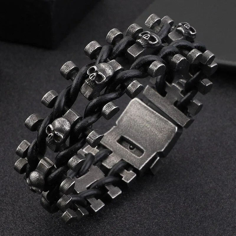 Gunmetal Stainless Steel Leather Skull Biker Chain Bracelet