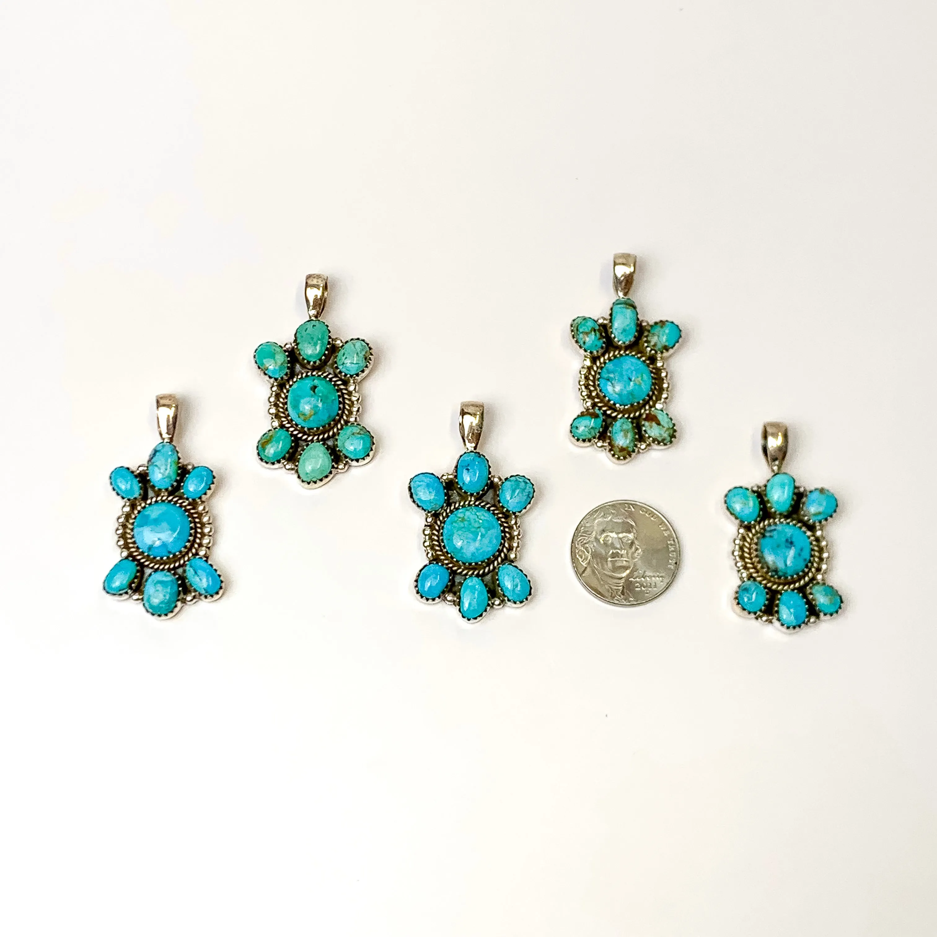 Hada Collection | Handmade Sterling Silver Seven Stone Cluster Necklace Pendant with Kingman Turquoise Stones