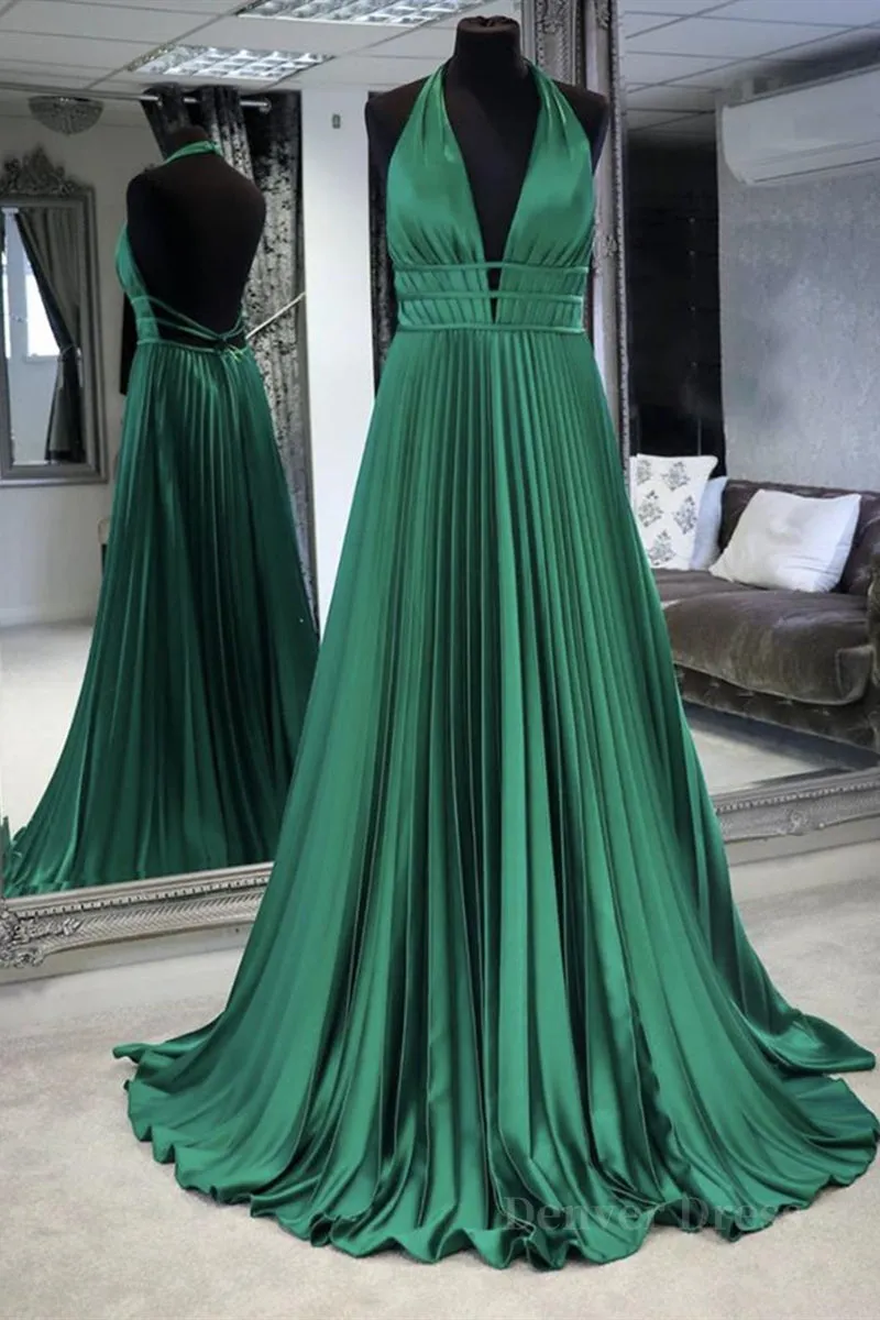 Halter V Neck Backless Emerald Green Satin Long Prom Dress Backless Emerald Green Formal Graduation Evening Dress