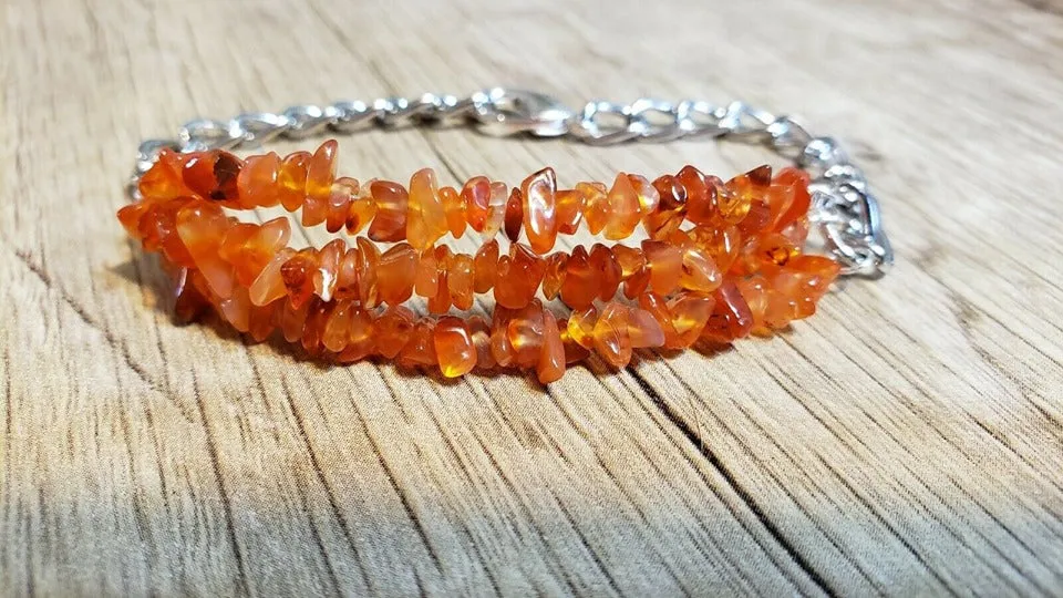 Hand Crafted All Natural Carnelian Gemstone & Chain Bracelet. Triple Strand, Adjustable to 7.5" with Lobster Claw Clasp