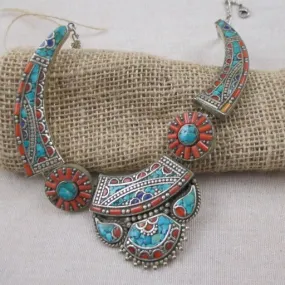 Handcrafted Boho Tibetan Turquoise Inlay Pendant Necklace