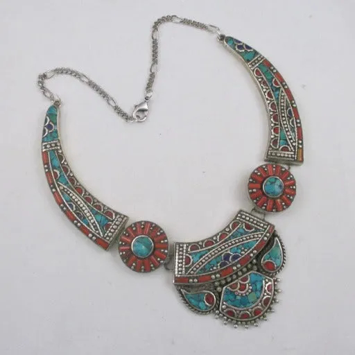 Handcrafted Boho Tibetan Turquoise Inlay Pendant Necklace