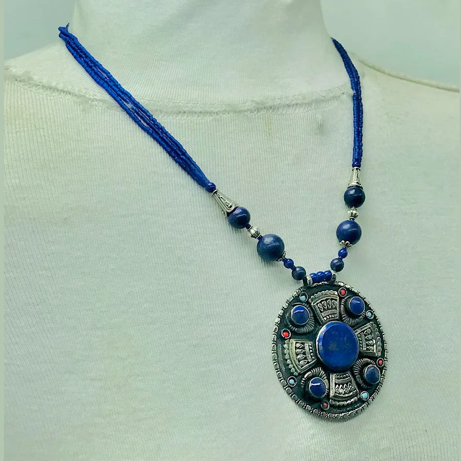 Handmade Lapis Lazuli Stone Beaded Pendant Necklace