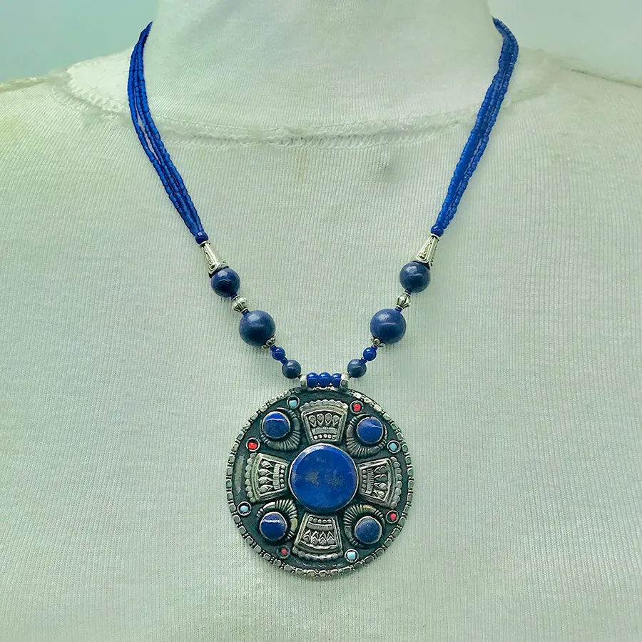 Handmade Lapis Lazuli Stone Beaded Pendant Necklace