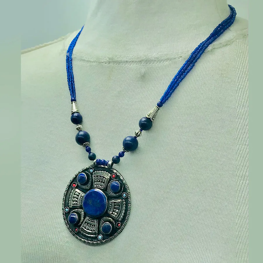 Handmade Lapis Lazuli Stone Beaded Pendant Necklace