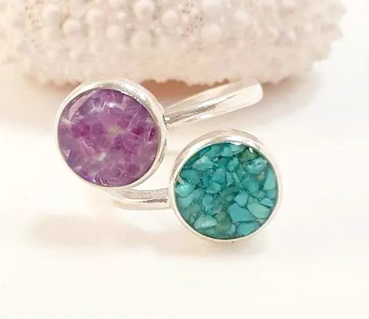 Handmade Turquoise and Amethyst Ring In Sterling Silver Beachy Boho