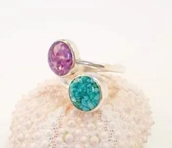 Handmade Turquoise and Amethyst Ring In Sterling Silver Beachy Boho