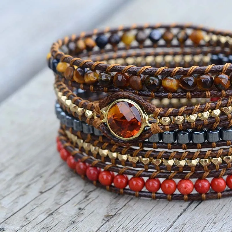 Handmade Vintage Vegan Bracelet Natural Stone 5 Strand Multilayer Wrap Bracelet