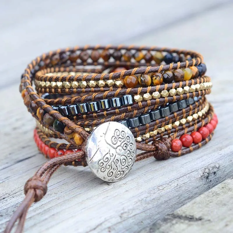 Handmade Vintage Vegan Bracelet Natural Stone 5 Strand Multilayer Wrap Bracelet