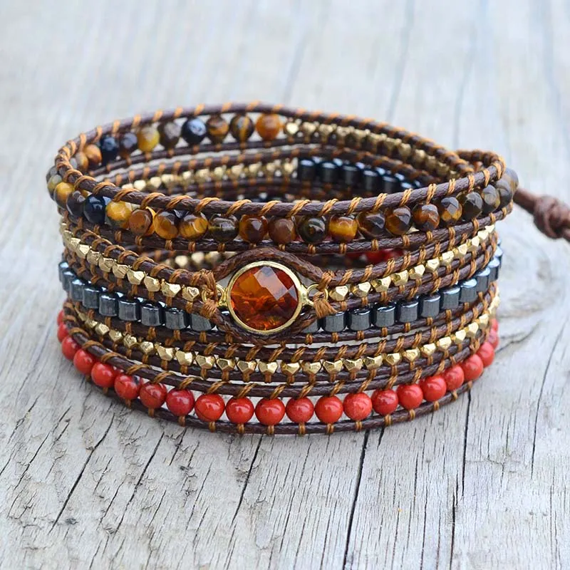 Handmade Vintage Vegan Bracelet Natural Stone 5 Strand Multilayer Wrap Bracelet