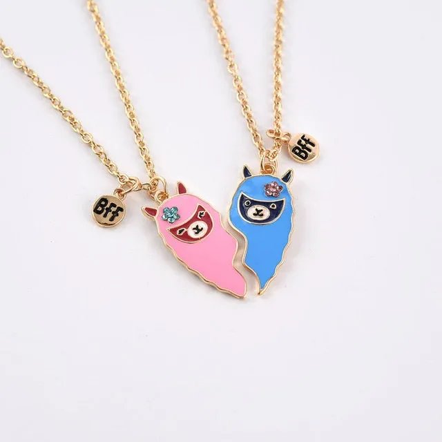 Hanreshe BFF Crystal Necklace Best Friends Friendship Heart Enamel Pendant Liama Couple Necklace Cartoon Punk Jewelry Gift Girls