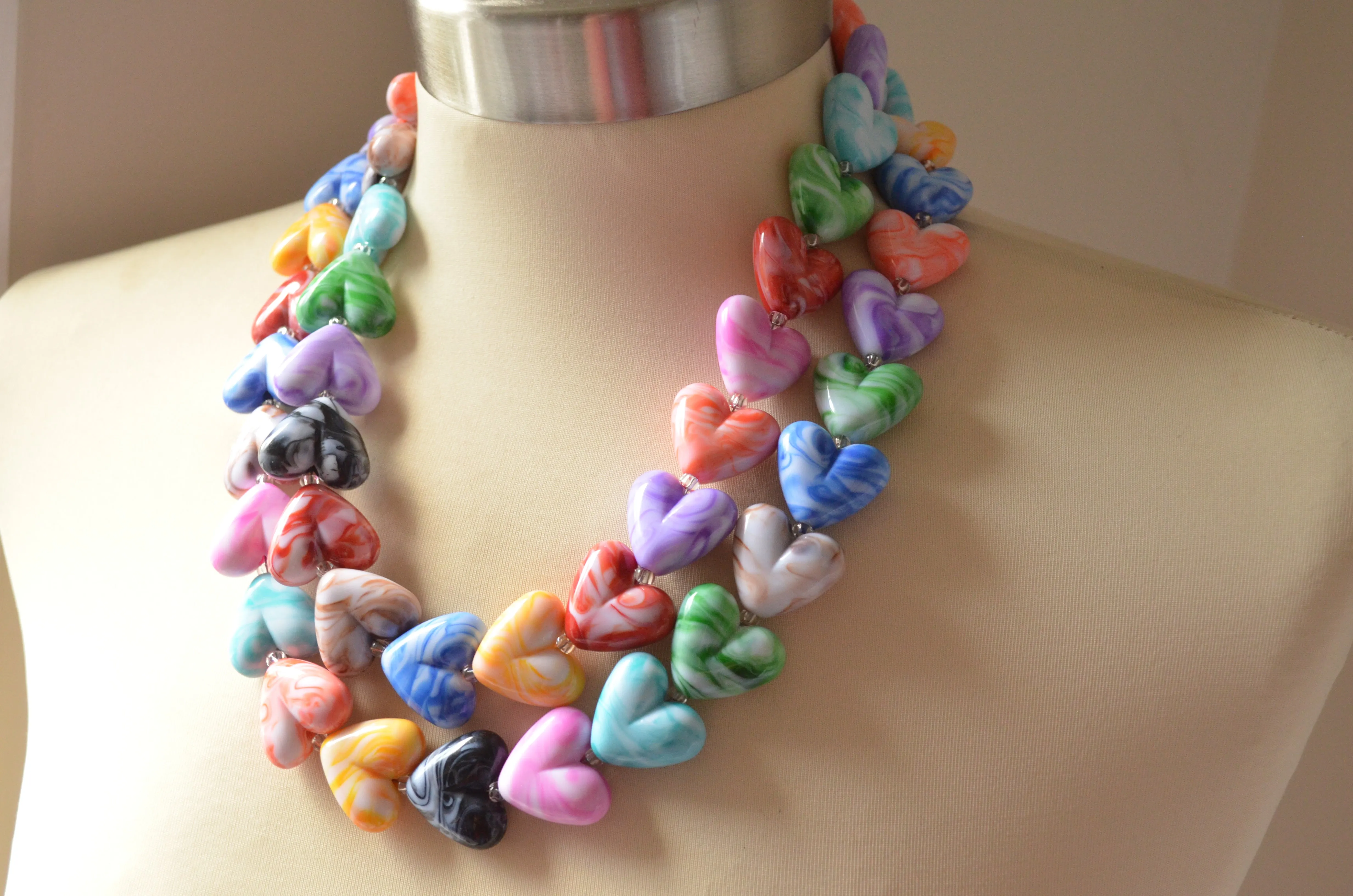 Heart Rainbow Multi Color Acrylic Beaded Statement Necklace