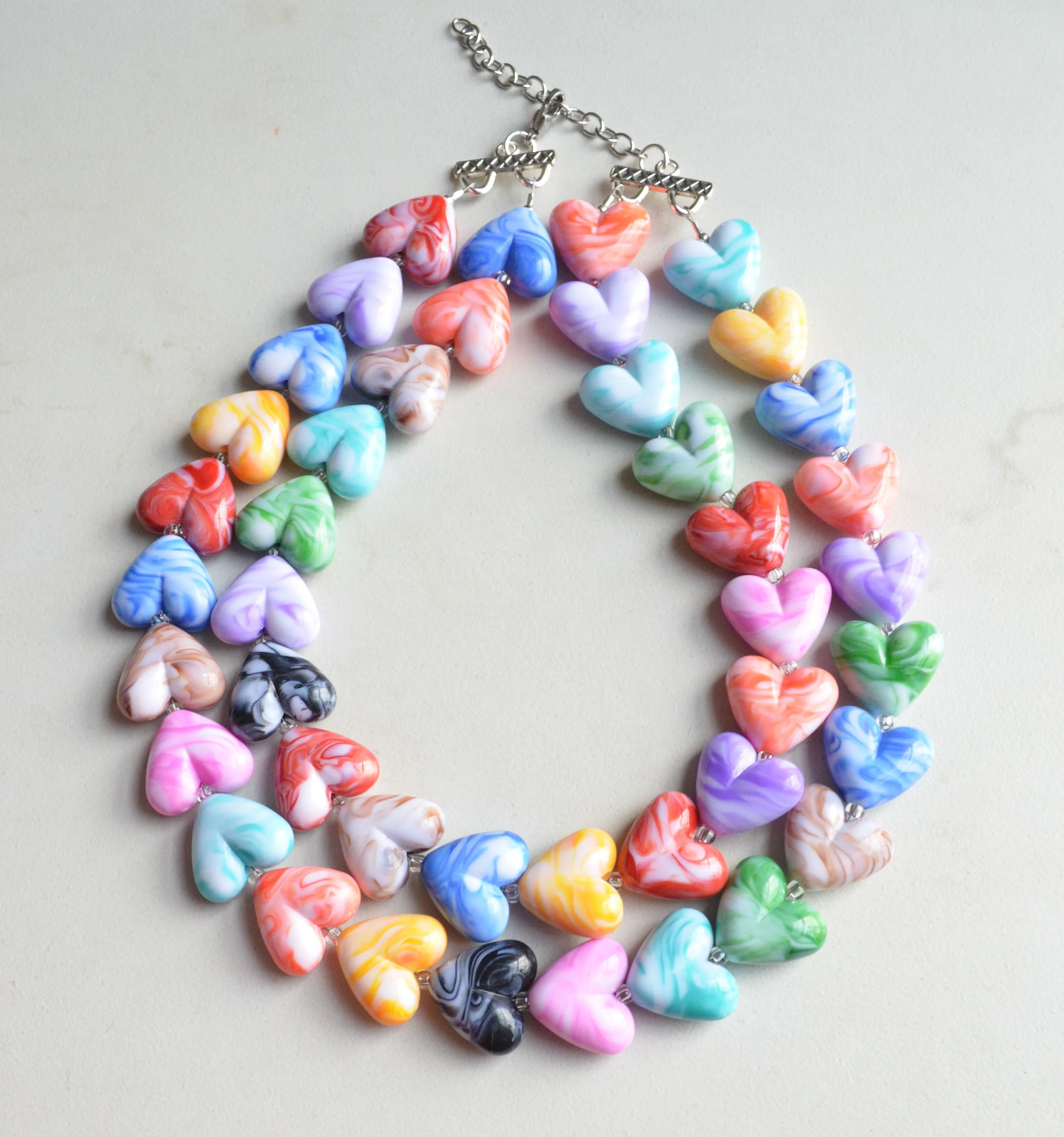 Heart Rainbow Multi Color Acrylic Beaded Statement Necklace