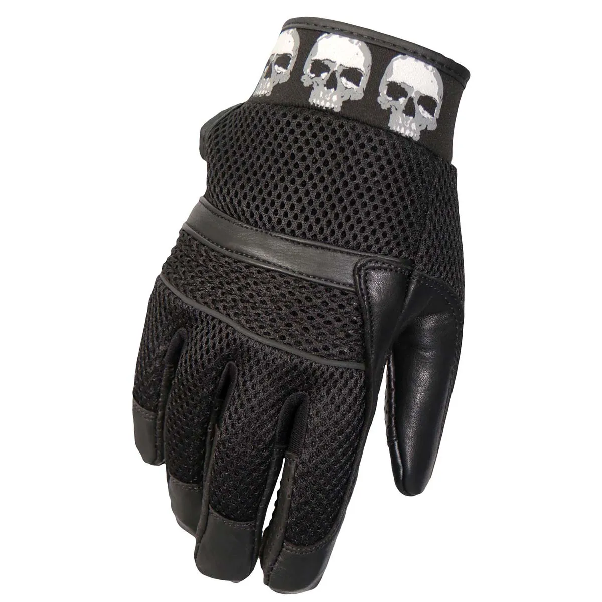 Hot Leathers GVM1301 Uni-Sex Black 'Row of Skulls' Leather and Mesh Gloves with i-Touch Screen