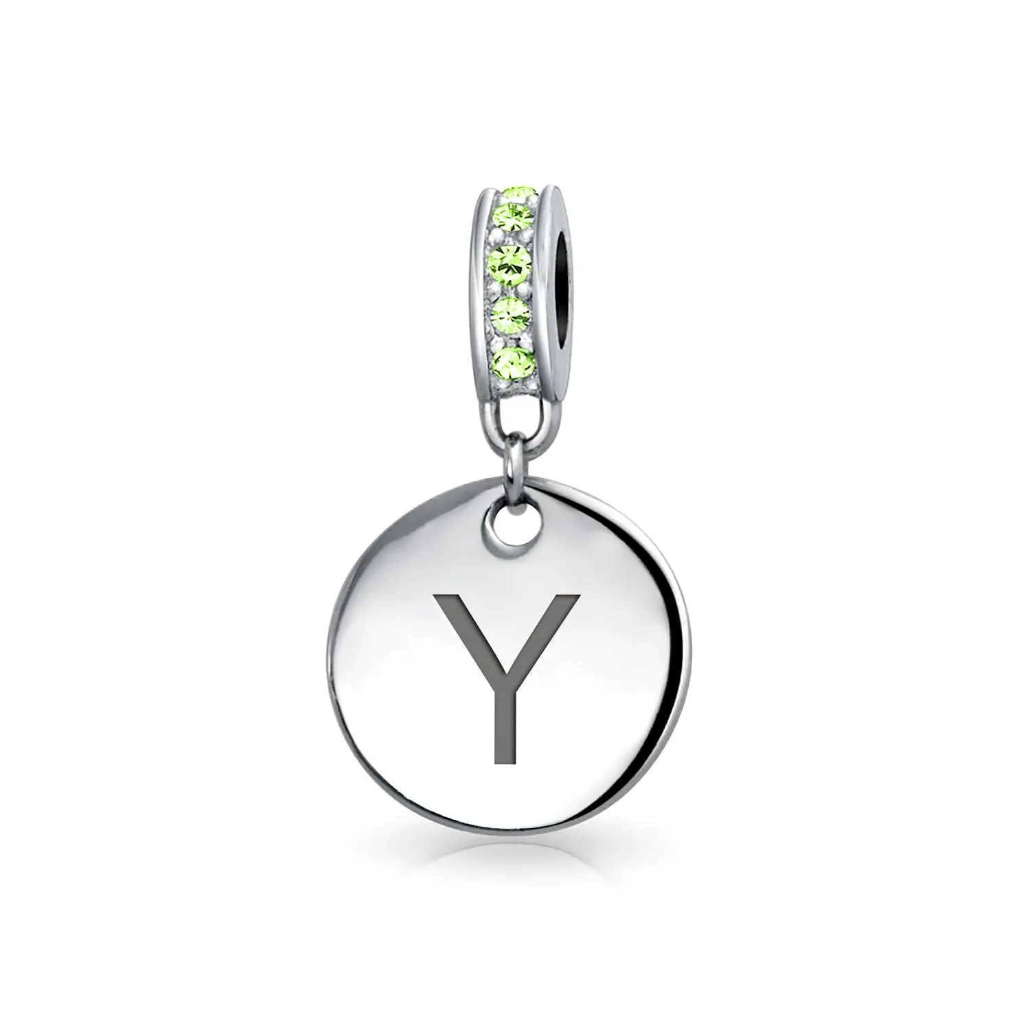 Initial Alphabet Bead Charm Light Green Crystal Sterling Silver Simulated Emerald