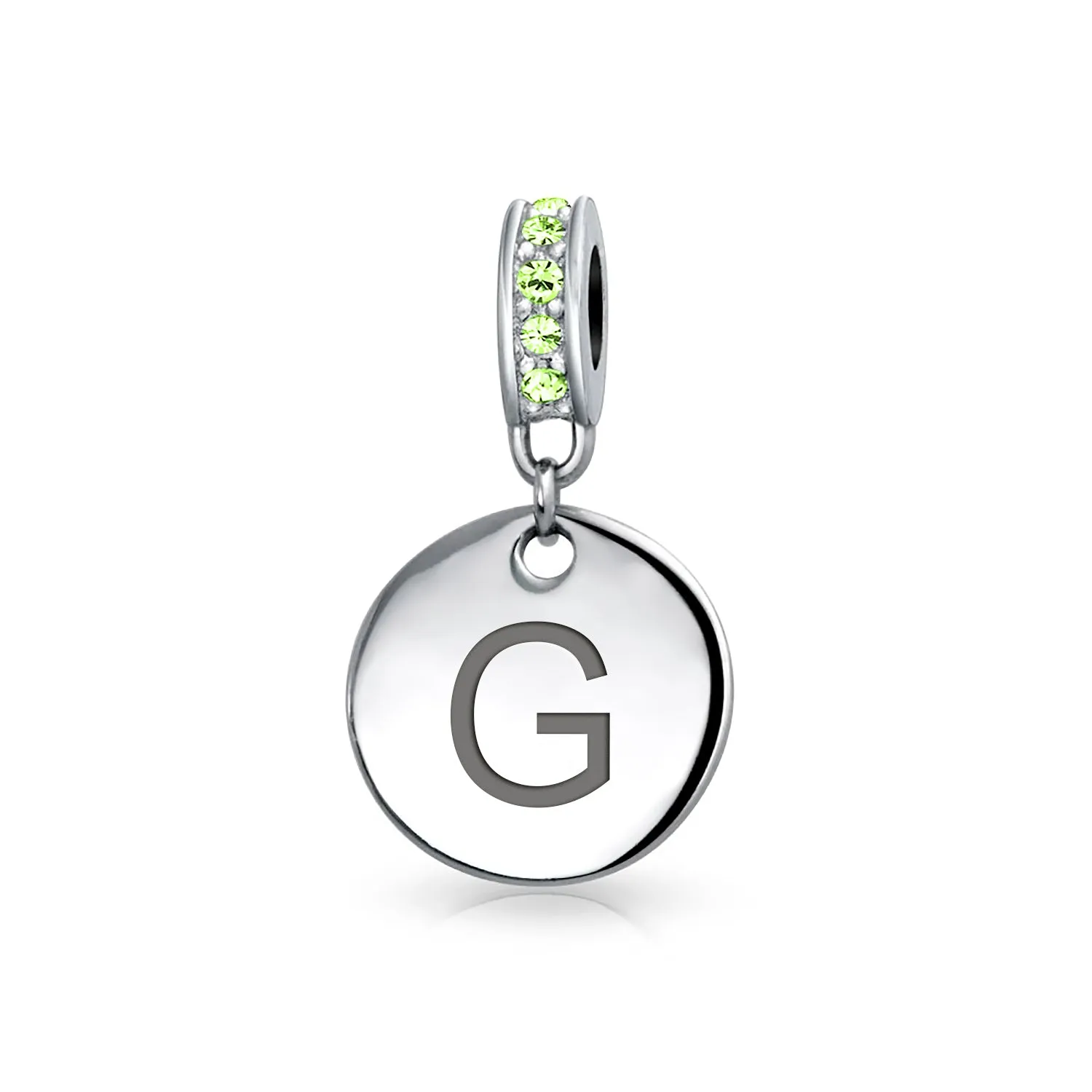 Initial Alphabet Bead Charm Light Green Crystal Sterling Silver Simulated Emerald