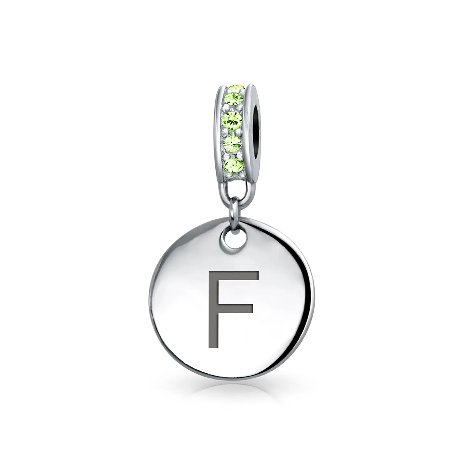 Initial Alphabet Bead Charm Light Green Crystal Sterling Silver Simulated Emerald