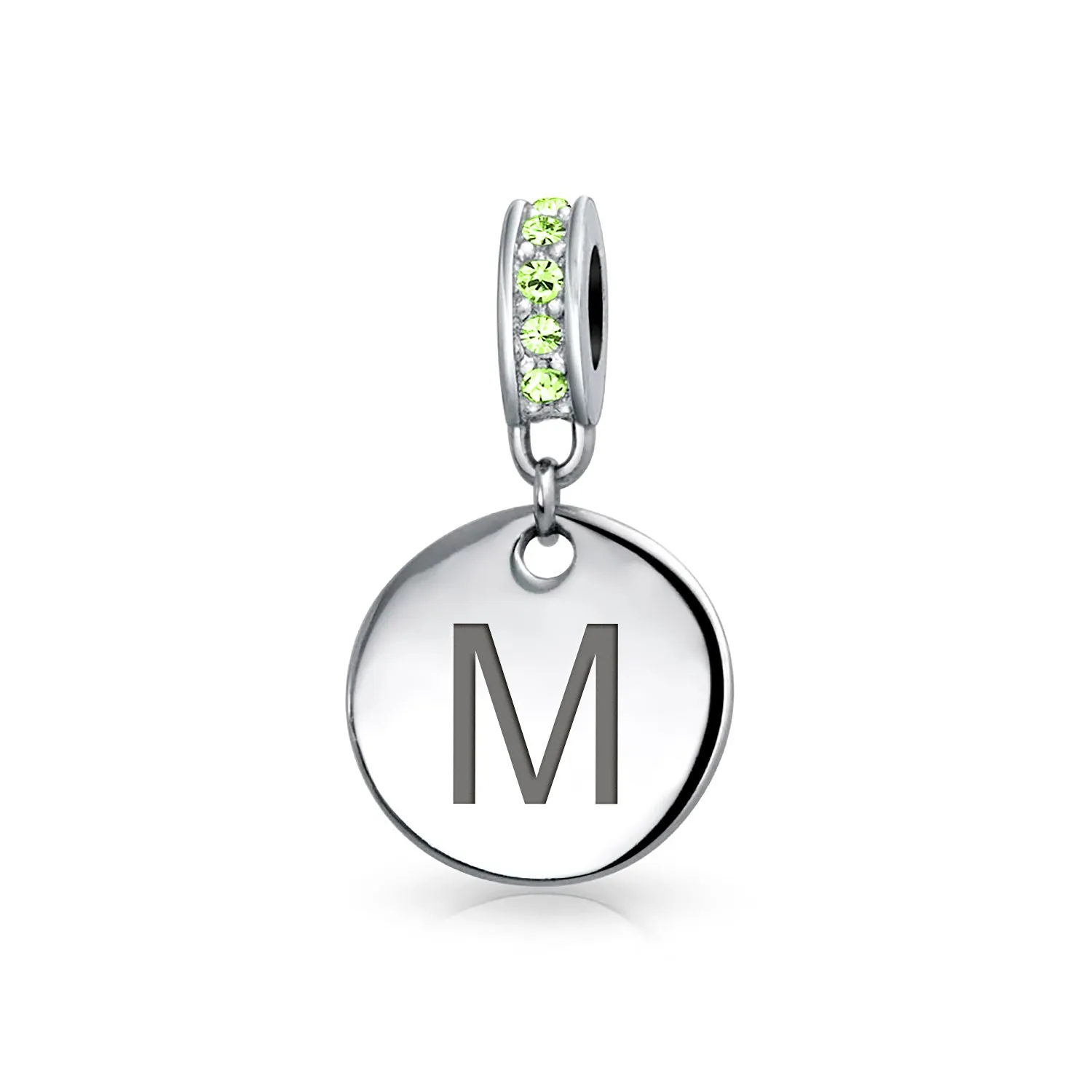 Initial Alphabet Bead Charm Light Green Crystal Sterling Silver Simulated Emerald