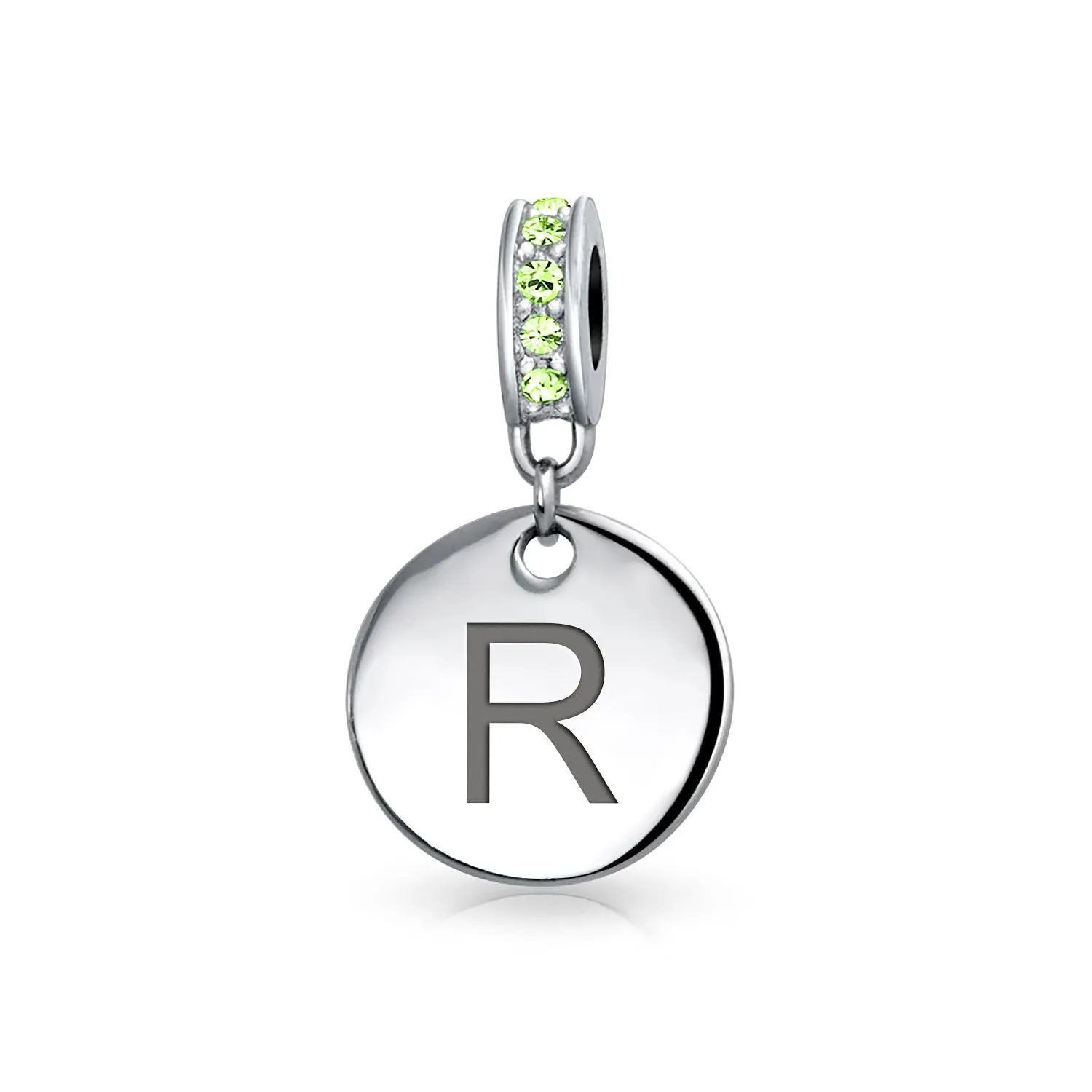 Initial Alphabet Bead Charm Light Green Crystal Sterling Silver Simulated Emerald