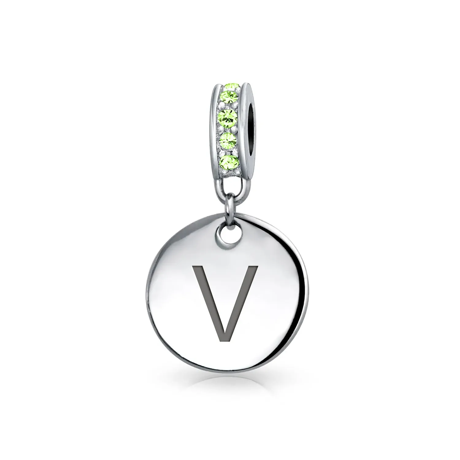 Initial Alphabet Bead Charm Light Green Crystal Sterling Silver Simulated Emerald