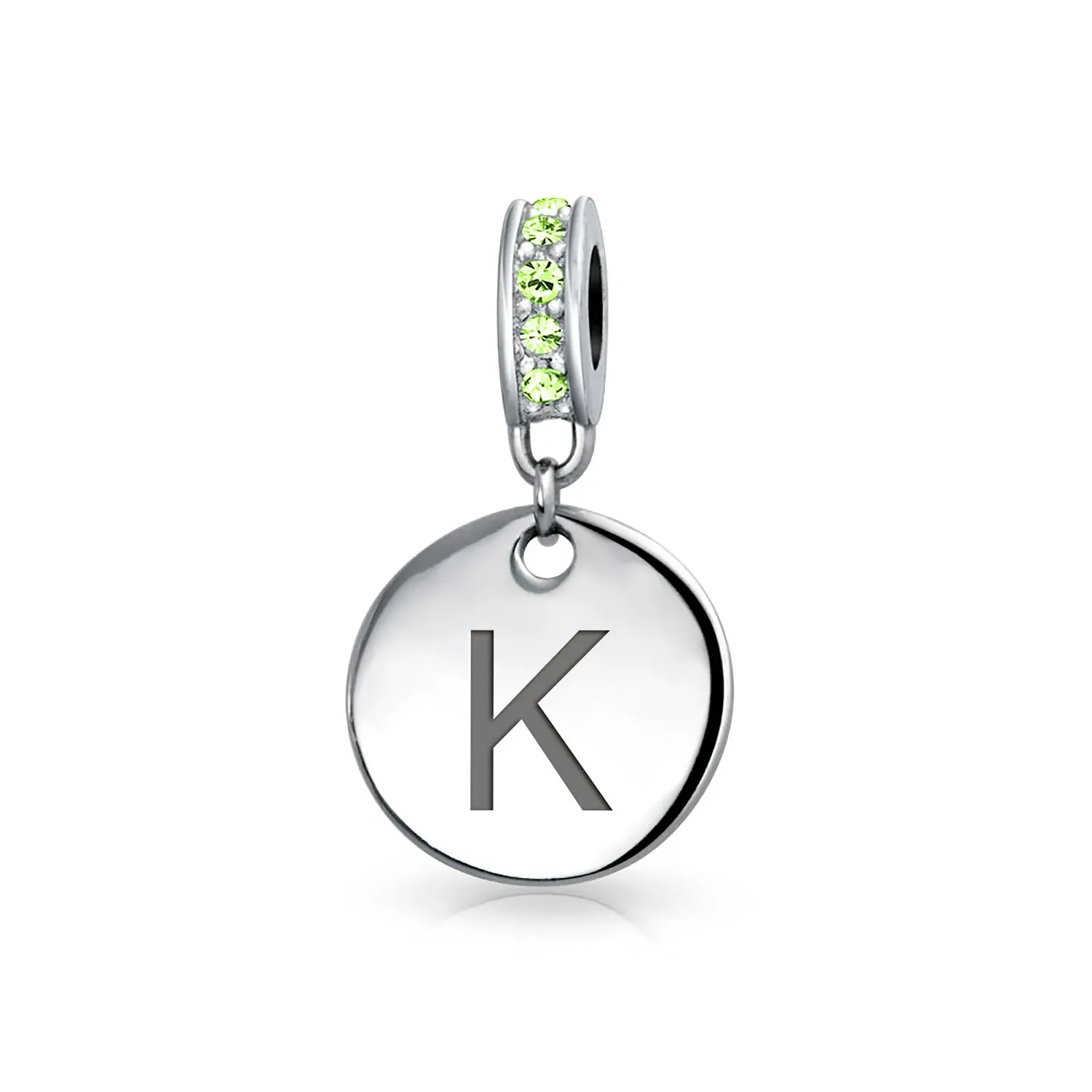 Initial Alphabet Bead Charm Light Green Crystal Sterling Silver Simulated Emerald