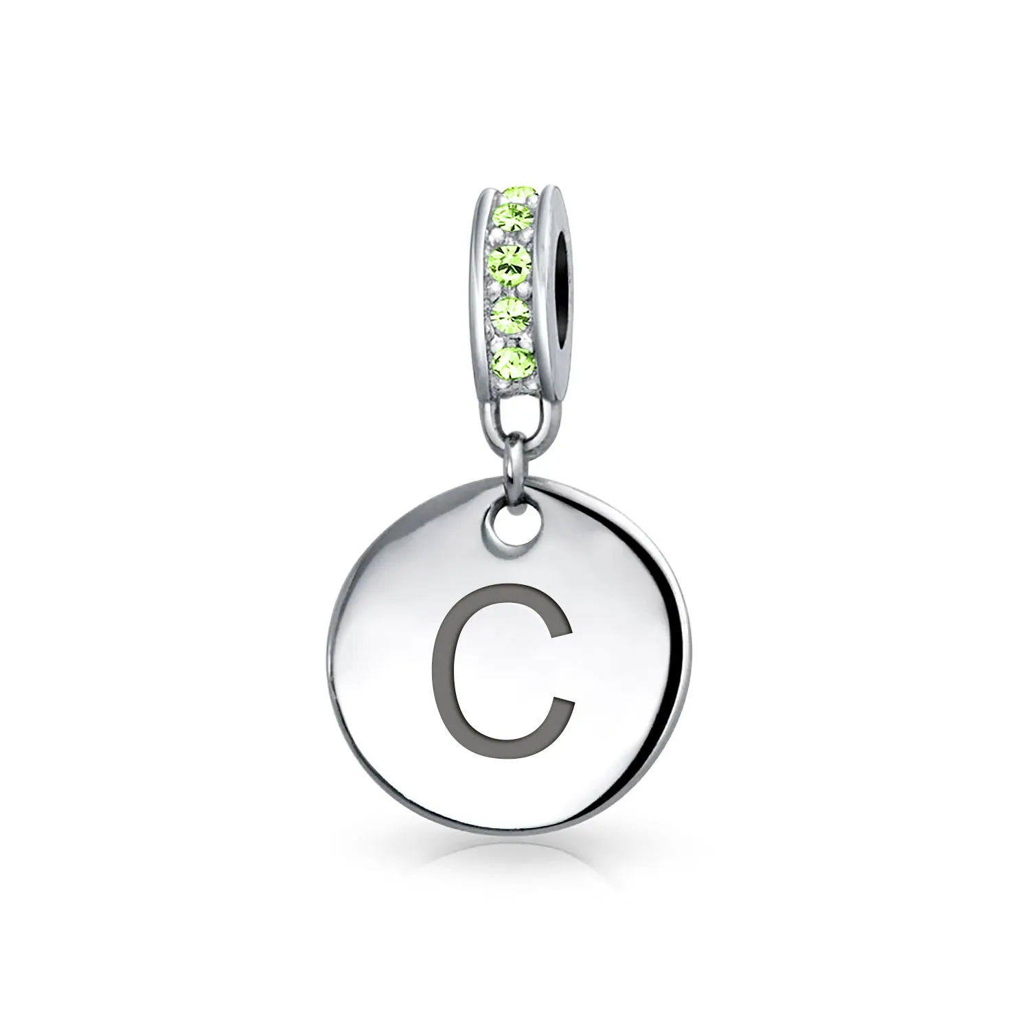 Initial Alphabet Bead Charm Light Green Crystal Sterling Silver Simulated Emerald