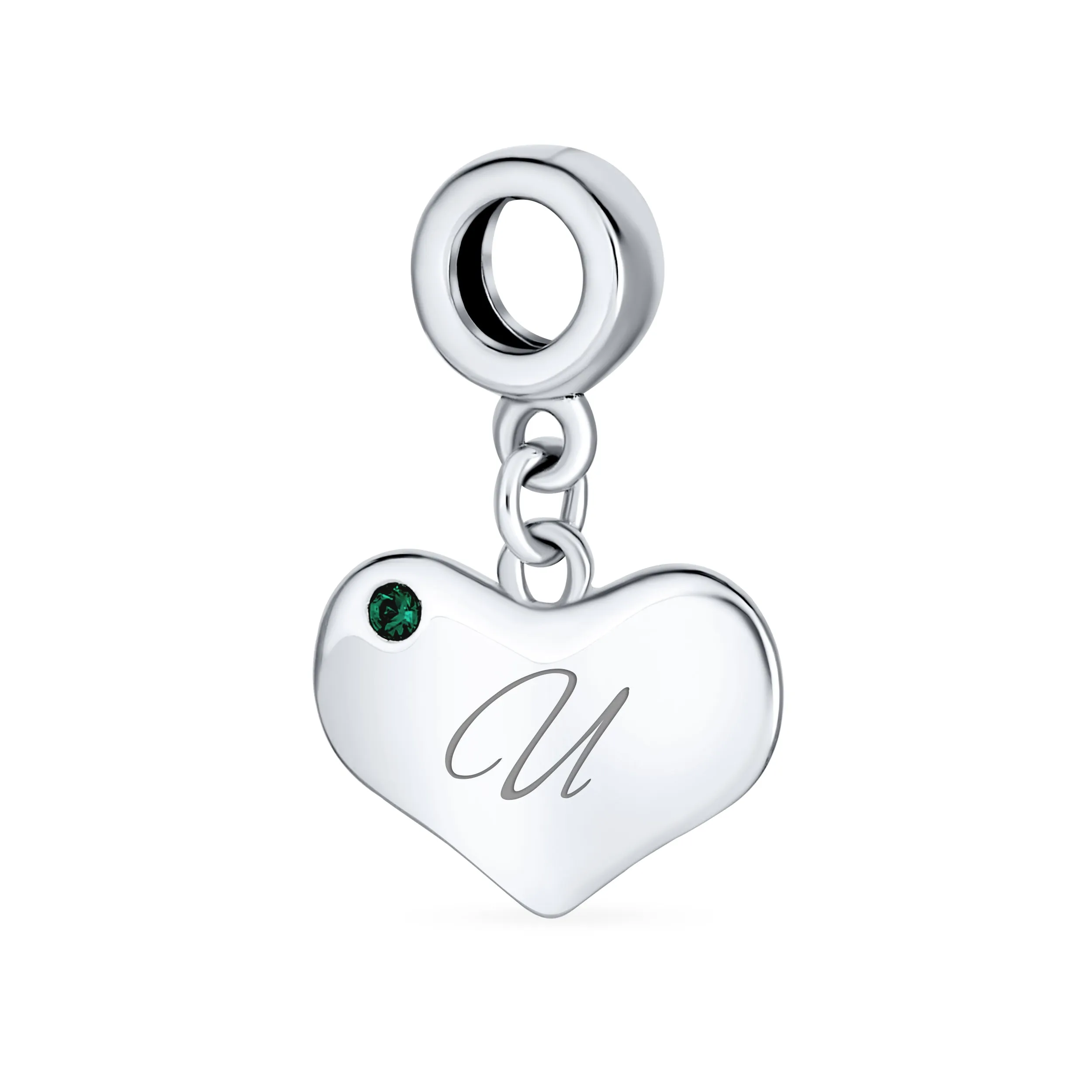 Initial Alphabet Bead Charm with Emerald Crystal Heart for European Bracelet