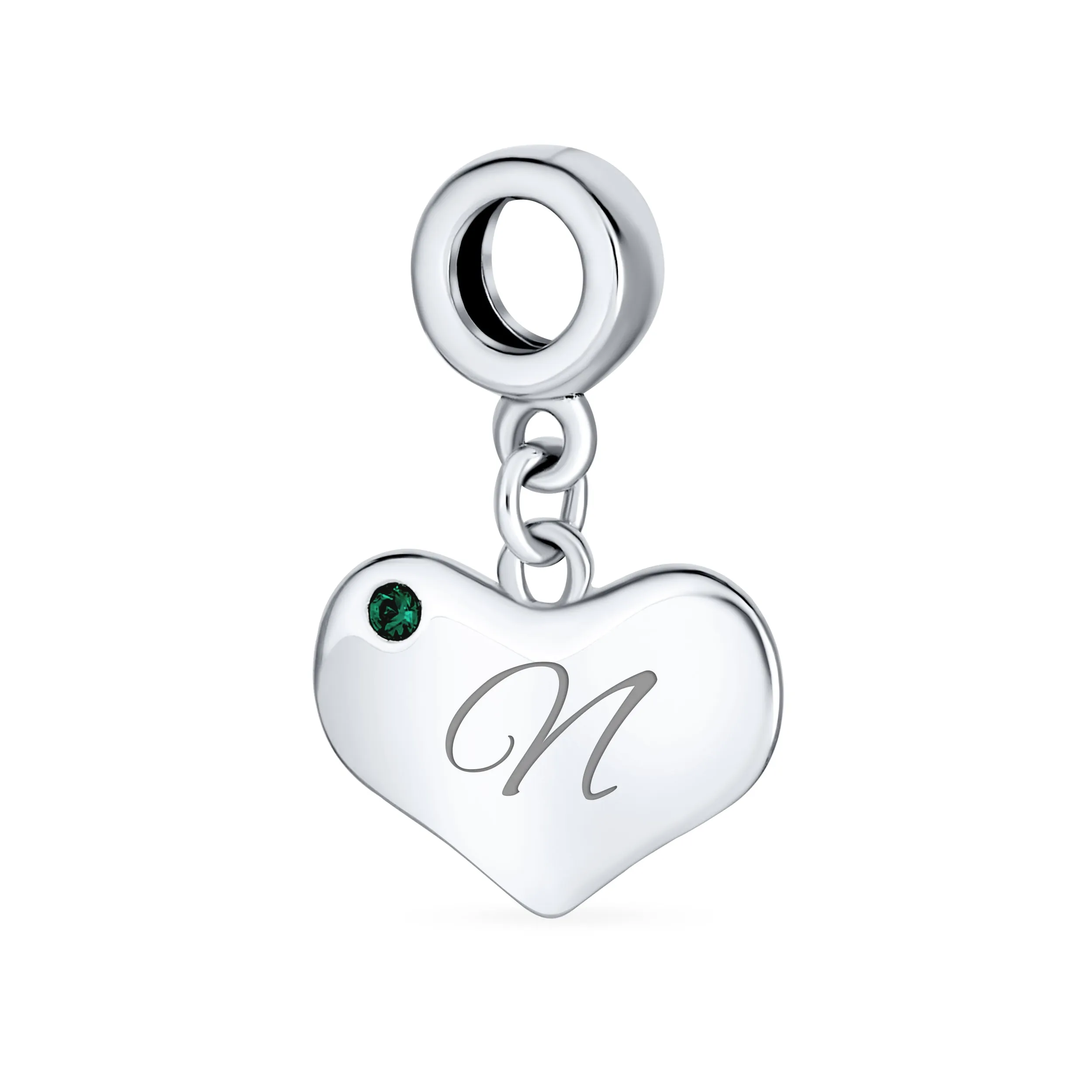 Initial Alphabet Bead Charm with Emerald Crystal Heart for European Bracelet