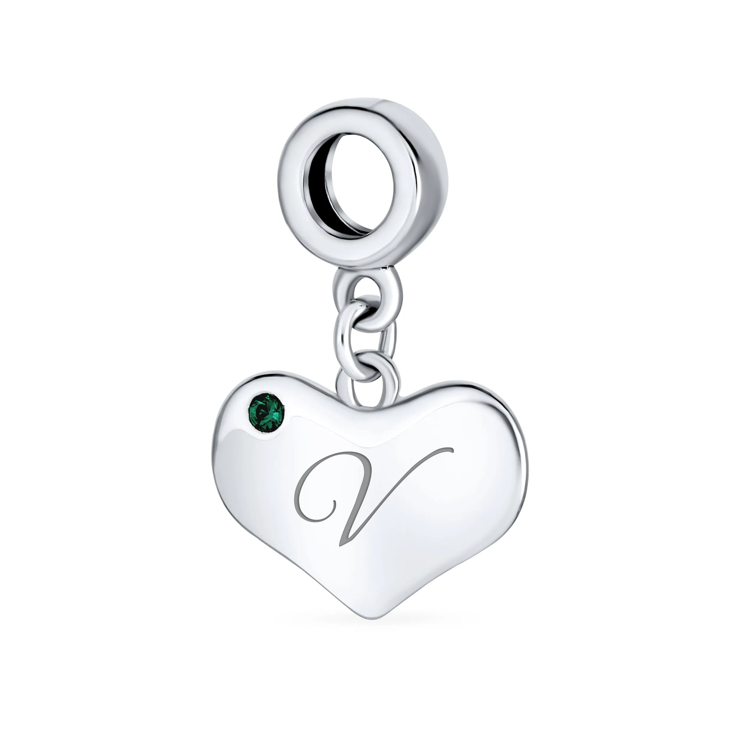 Initial Alphabet Bead Charm with Emerald Crystal Heart for European Bracelet