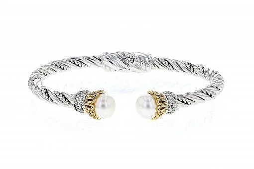 Italian Sterling Silver Bangle Bracelet with 0.64ct diamonds, pearls and 14K solid yellow gold accents