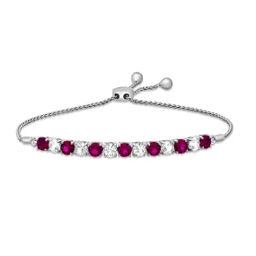 Jewelili Sterling Silver Round Created Ruby and Created White Sapphire Bolo Bracelet