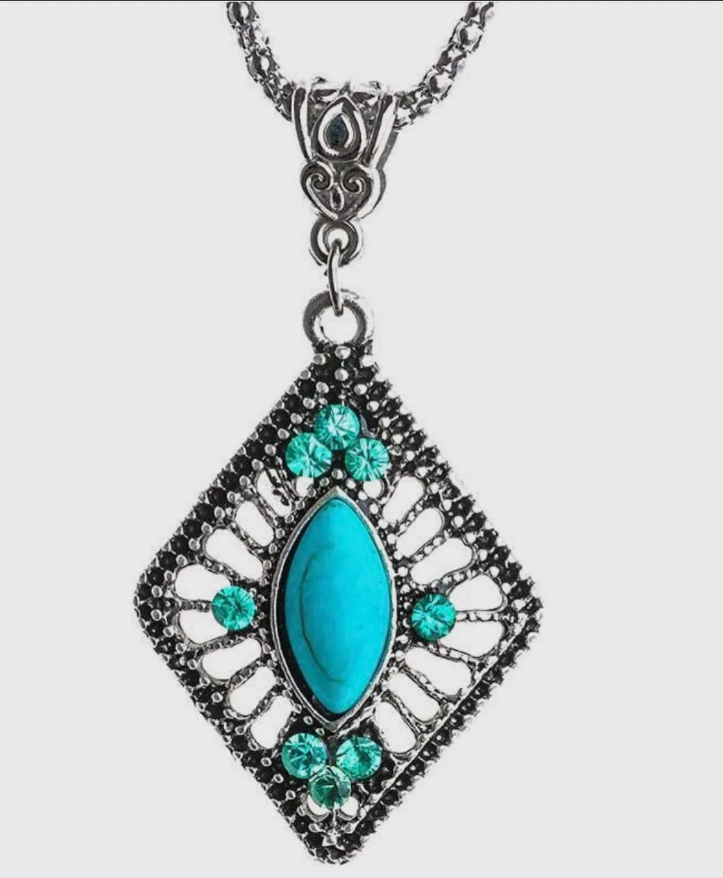 Jewelry- Diamond Shaped, Turquoise Pendant Necklace, Silver