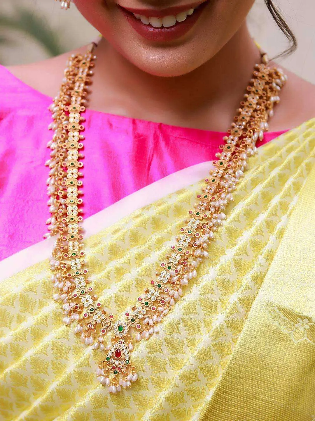 Kempu Pearl Long Necklace Temple Jewellery Set