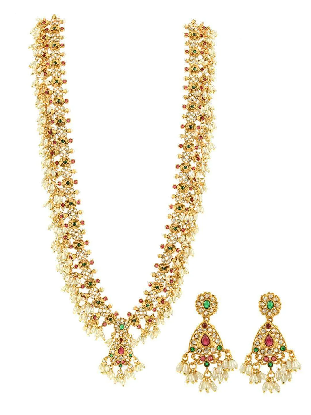 Kempu Pearl Long Necklace Temple Jewellery Set