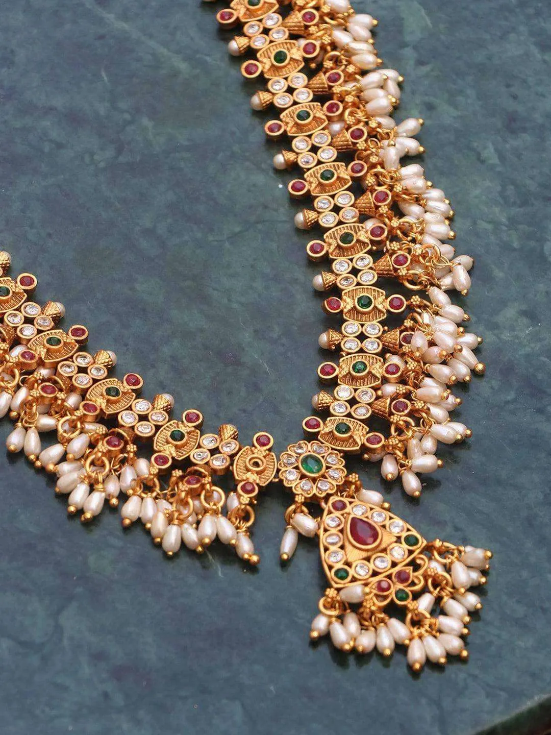 Kempu Pearl Long Necklace Temple Jewellery Set