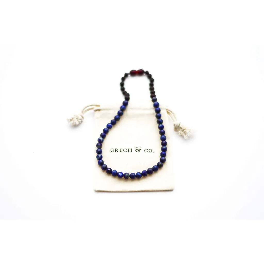 Kids Amber Necklace - Lapis Lazuli   Raw Cherry