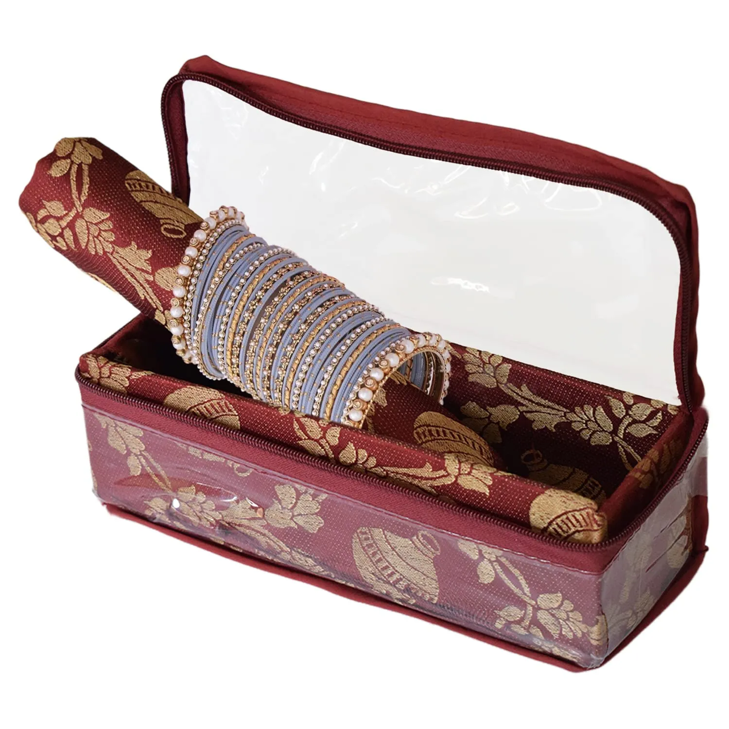 Kuber Industries Multipurpose Matka Pattern Laminated 1 Rod Bangle Box/Organizer/Case With Tranasparent Top (Maroon)-47KM0457