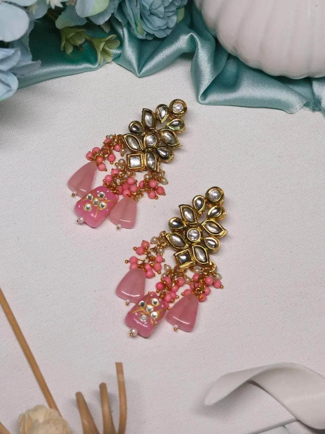 Kundan Precious Stone Earrings Pink