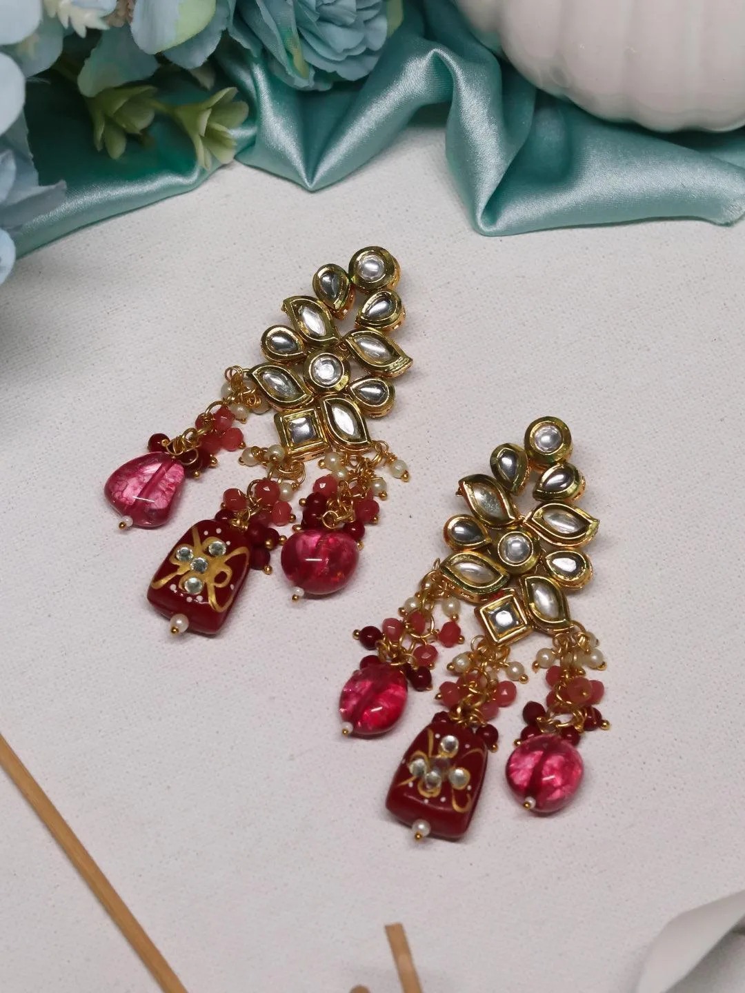 Kundan Precious Stone Earrings Pink