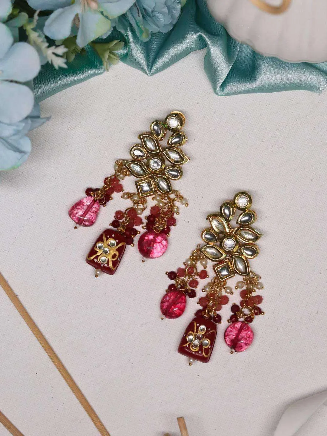 Kundan Precious Stone Earrings Pink